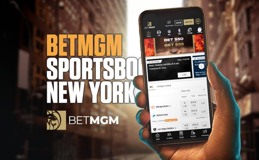 BetMGM New York hand holding phone with mobile sportsbook app